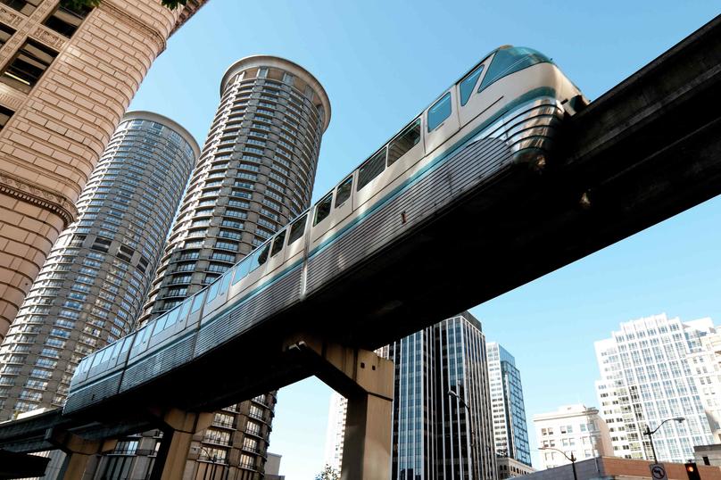 The Seattle Monorail passing through the downtown core.