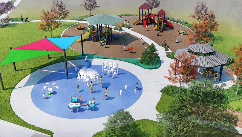 Park rendering with a splash pad and playground.