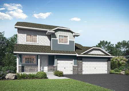Artist rendering of the front elevation of the two-story St. Andrew plan by LGI Homes with gray siding and white shake shingles, three-car garage and gray stone accents.