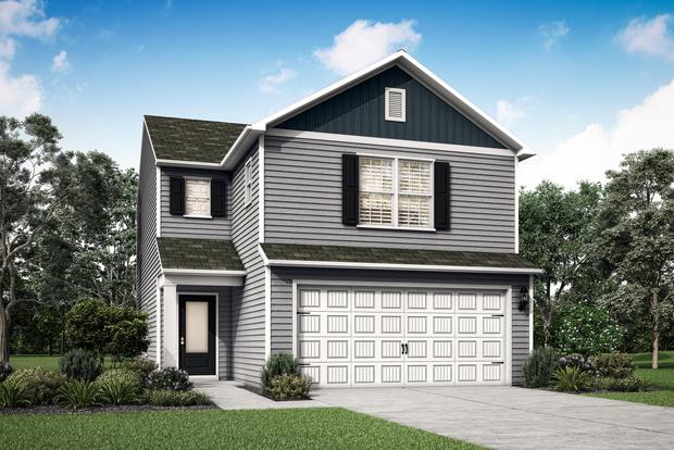 Rendering of the two-story Ashley with shutters and front yard landscaping.