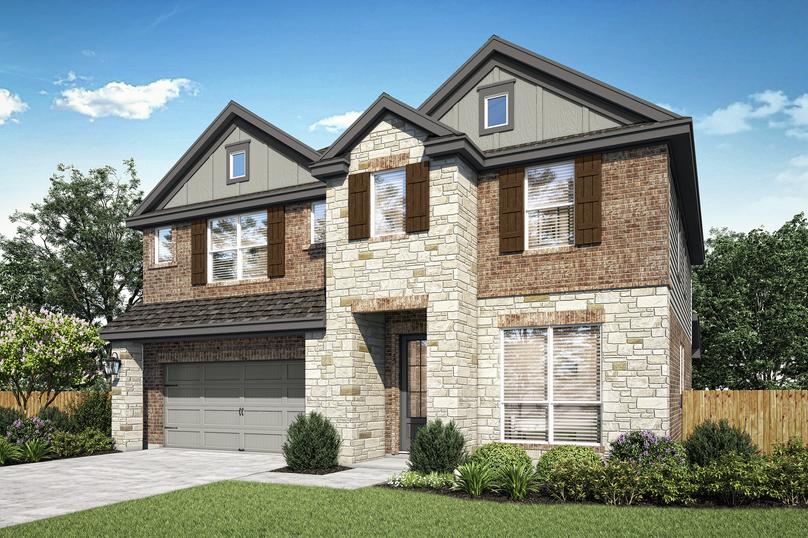 The Sterling plan has a brick, stone and siding exterior with the added charm of window shutters.