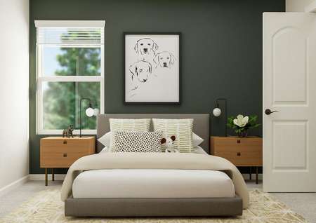 Rendering of a bedroom furnished with a
  large bed, two nightstands and dog artwork. The room has carpeted flooring
  and a window.