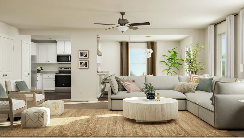 Rendering showcasing the open floor plan
  of the Fripp. In the foreground is the laundry room and the kitchen and
  dining room are visible in the background.