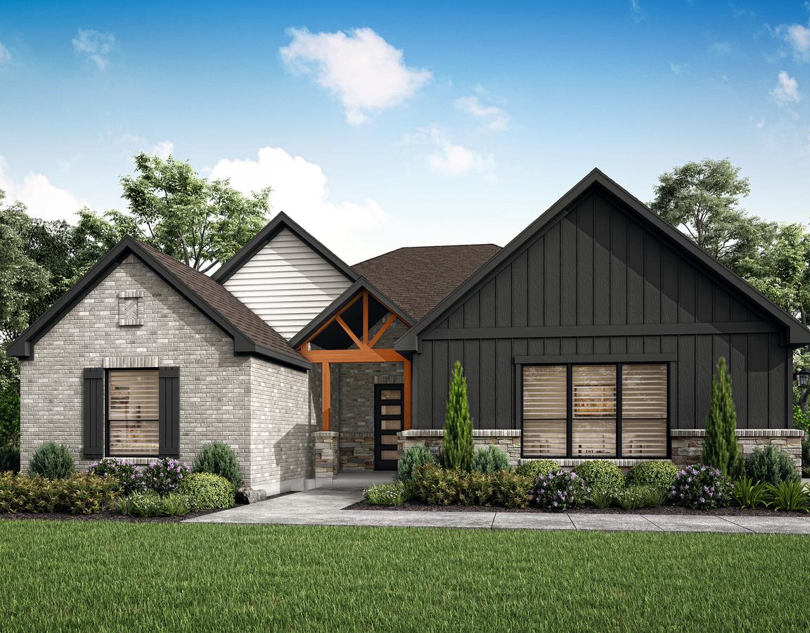 The Hudson offers a beautiful exterior with light gray brick and dark siding.