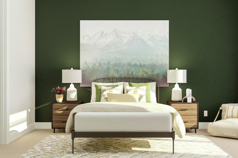 Rendering of the third bedroom, focusing
  on the large bed, green accent wall and hanging painting. The room also  features two nightstands, a large rug and sitting area.