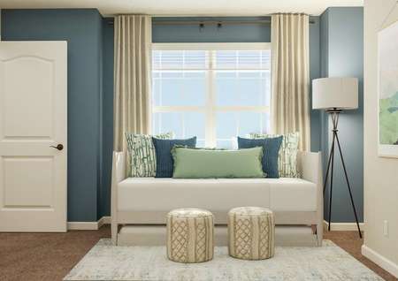 Rendering of secondary bedroom decorated
  with a white day bed, foot rests, and standing land with a blue accent wall
  and abstract art.