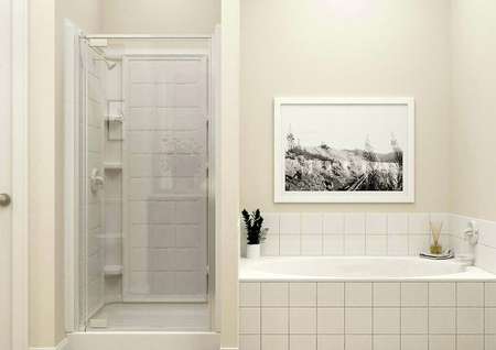 Rendering of master bath stand-alone
  shower and separate tub with black and white painting above it
