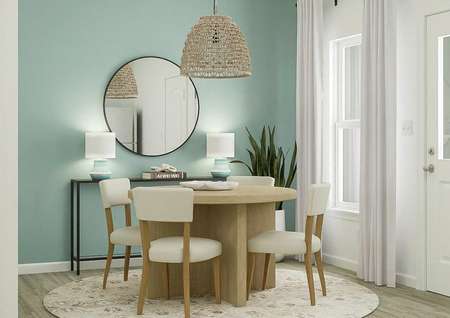 Rendering of the
  dining room in the William. This space has wood-style vinyl plank flooring, a
  window and a door with glass pane. It is furnished with a round dining table,
  four dining chairs and a round rug.