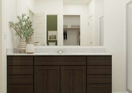 Rendering of the
  master bathroom featuring a large vanity, glass door shower, and walk-in
  closet.
