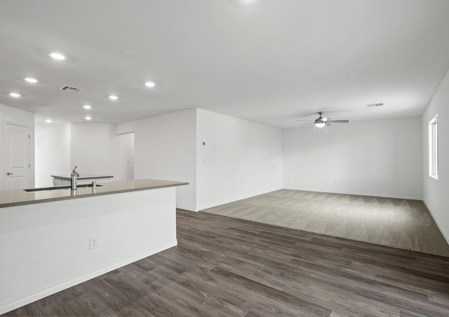 The spacious family room with carpet and a ceiling fan