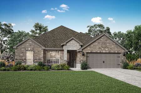 Artist rendering of the front elevation of the Leland C by LGI Homes with brick and stone accents.