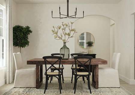 Rendering of the formal dining room with an arched doorway leading to the hallways and a doorway leading to the kitchen. The space is decorated with a table with six chairs and a light-colored rug.