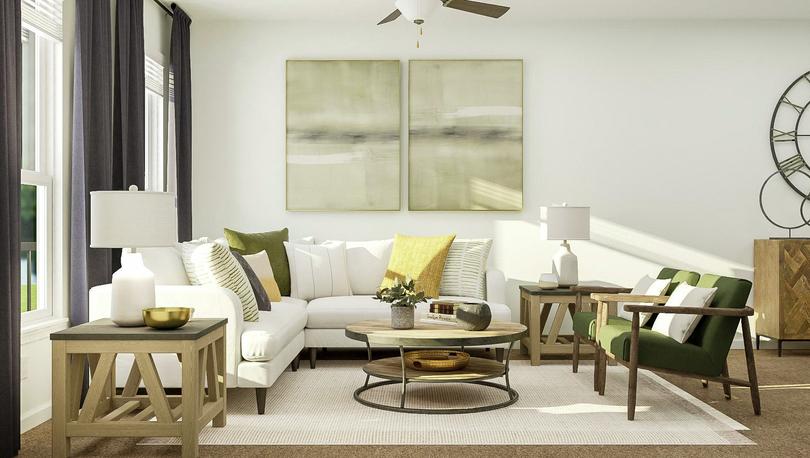 Rendering of the living room furnished
  with a white sectional, coffee table, two side tables and two armchairs.