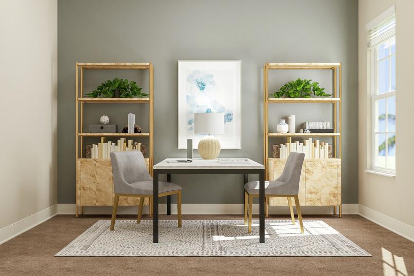 Rendering of flex room showing a white
  table with chairs between two matching shelving structures in front of a grey
  accent wall with tan carpet flooring throughout.