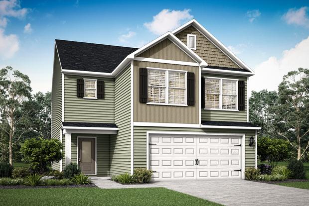 Two-story elevation rendering of the Burke with front yard landscaping.