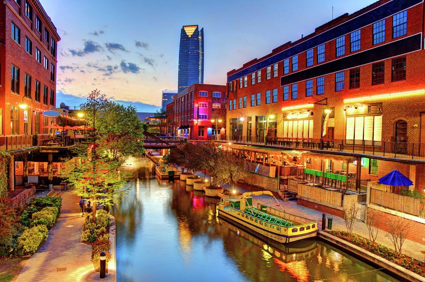 Bricktown Canal in Oklahoma City, Oklahoma shown in the evening.