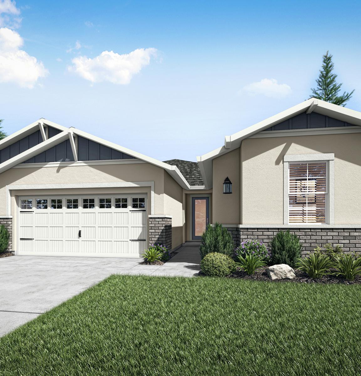 The Walker is a single-story home with tan stucco, blue siding and gray brick accents.