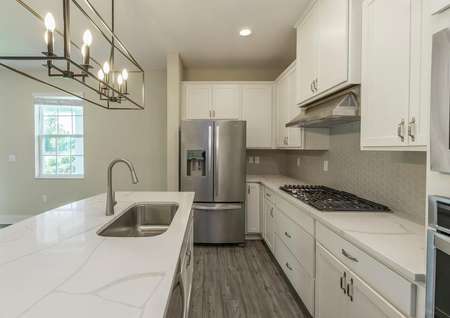 Close up view of chef-ready kitchen with quartz countertops, stainless steel appliances and modern hardware.