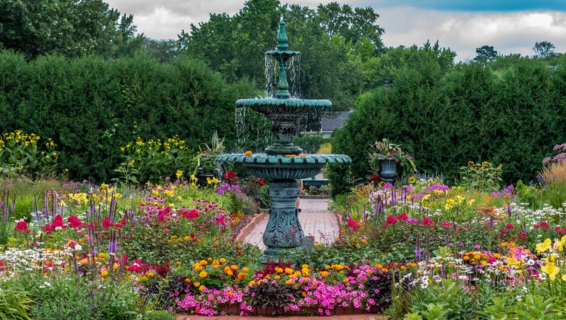 Fountain and Flowers in The Clemens Gardens in St. Cloud, Minnesota