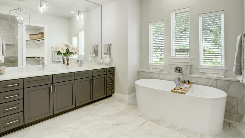 Master bath with double-sink vanity and soaking tub.