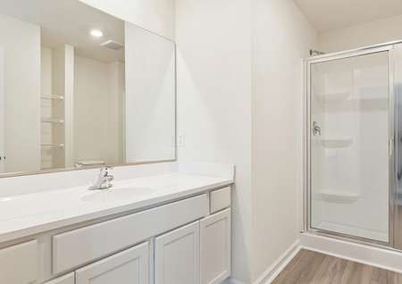 Master bath with white cabinets and walk-in shower.