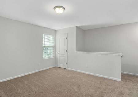 Avery loft with brown carpet, grey painted walls, and ceiling light