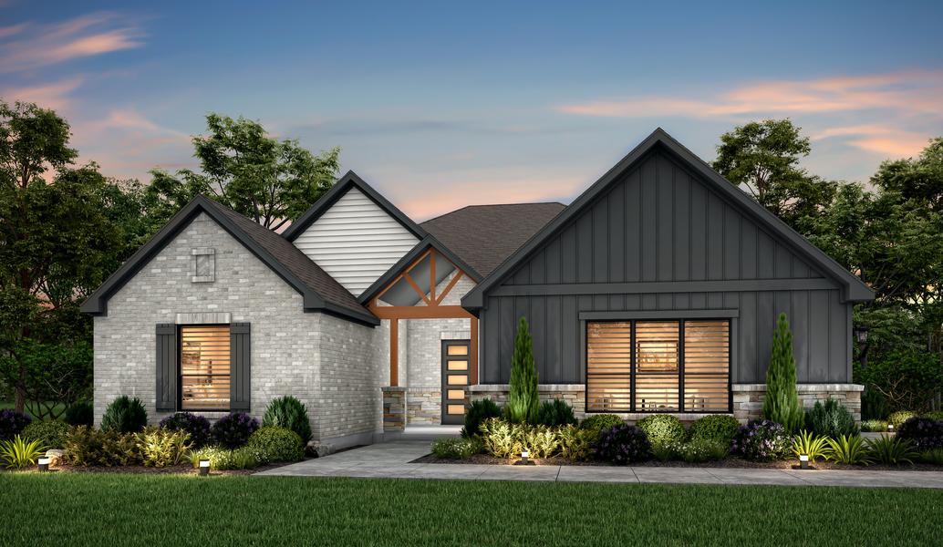 Dusk rendering of the beautiful Hudson plan with dark siding and light brick.