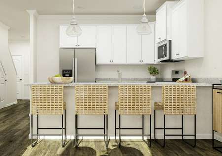 Rendering of the kitchen focused on the
  breakfast bar with four counter-height chairs. The kitchen has white
  cabinets, granite counters and stainless steel appliances.