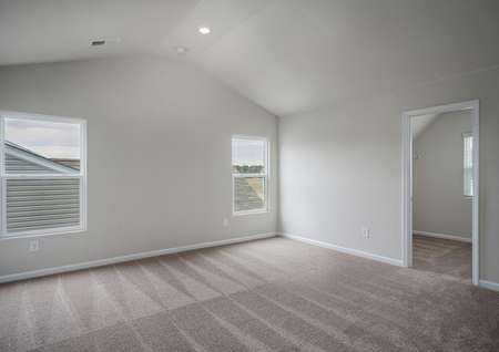 Master bedroom with two windows and carpet.