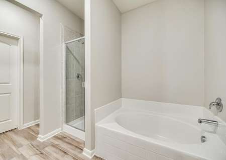 The master bath has a large, soaker tub and walk-in shower.
