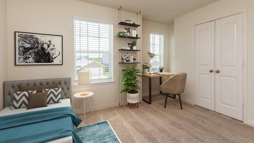 Osage bedroom with brown carpet, 2 faux blinds, white walls and white baseboards. A bed, desk and decorative accessories throughout. 