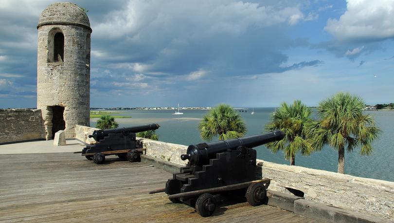 View of the cannons and tower at the top of Castillo de San Marcos in St. Augustine, Florida.