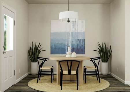 Rendering of the dining room centered on
  a circular dining table and chairs. A modern chandelier hangs above two white
  vases while a blue abstract painting is on the far wall.