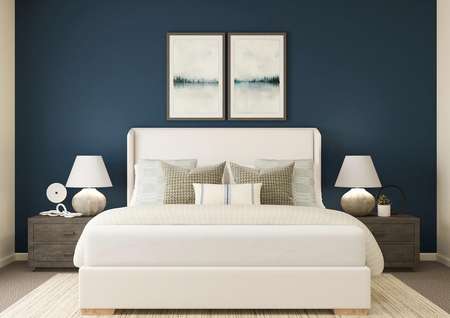 Rendering of the owner's bedroom
  featuring oversized furniture along a blue accent wall.