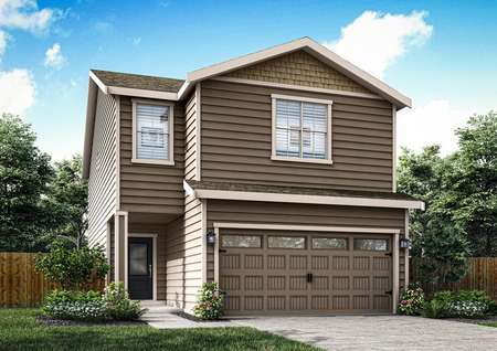 Artist rendering of the two-story Helens floor plan by LGI Homes in dark gray siding with shake shingle detail, a 3/4 lite front door and windows on the garage.
