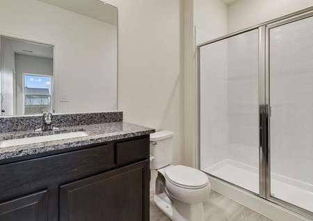 Master bathroom with a walk-in shower, granite countertops, and espresso cabinets.