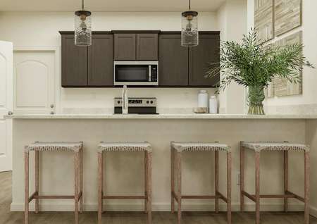 Rendering of the kitchen featuring bar
  seating and stainless steel appliances.