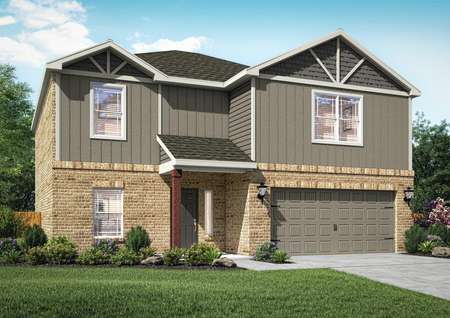 The Sahoma is a two-story home with siding, brick and a lush front yard landscaping.
