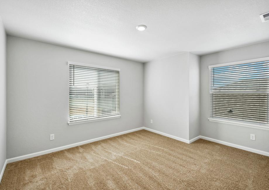 Secondary bedroom with multiple windows and tan carpet.