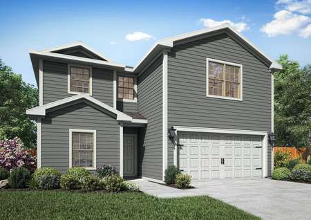 Two-story home with blue siding, an attached two-car garage and front yard landscaping.