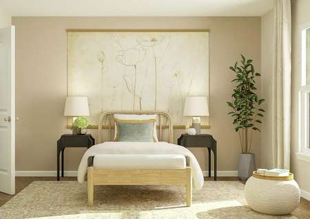 Rendering of kids bedroom with small bed
  and large painting and beige accent wall.