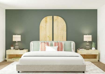 Rendering of owners bedroom with large
  bed, green accent wall and dual side tables.