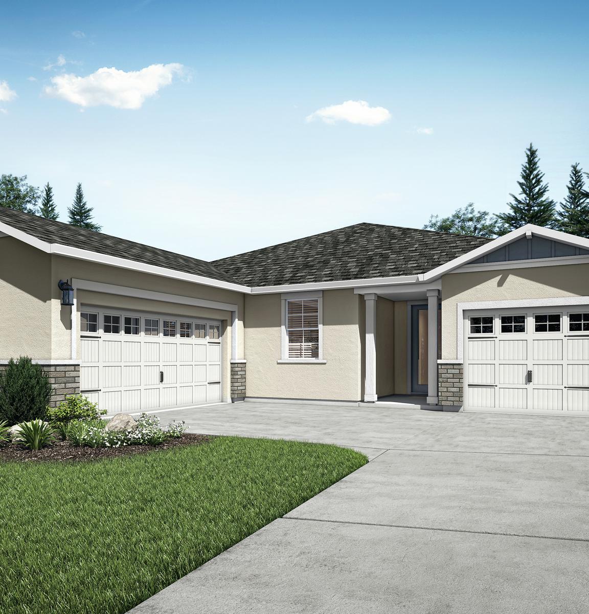 The Sullivan plan is single-story home with a three-car garage, tan stucco and blue siding accents.