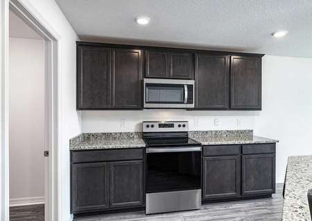Stainless steel appliances next to granite countertops and tall, upper-wood cabinets. 