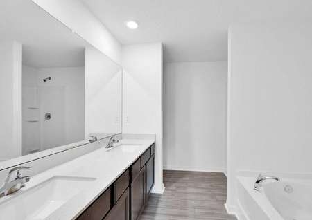 The master bathroom features double sinks, a step-in shower and a separate soaker tub. 