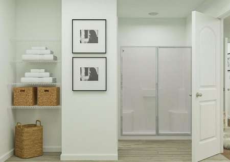 Rendering of the spacious master bath in
  the Eustis focused on the shower and linen storage.