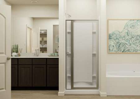 Rendering of the master bathroom,
  complete with a shower, soaking tub and large vanity.
