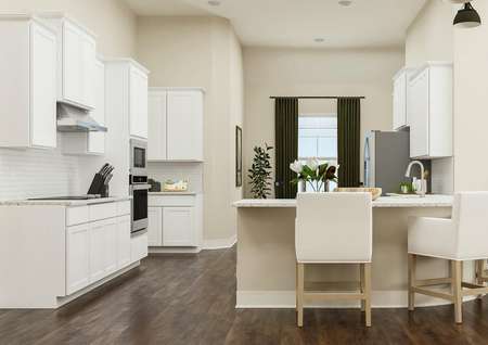 Rendering of spacious kitchen showing
  white cabinetry, a large white island with chairs and décor, and stainless
  steel appliances with dark wood look flooring throughout.