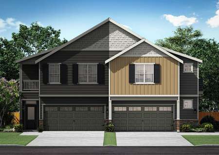 Artist rendering of a duplex townhome building with Rialto plan highlighted.