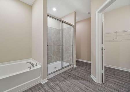 The master bathroom is spacious with a step in shower and bathtub 